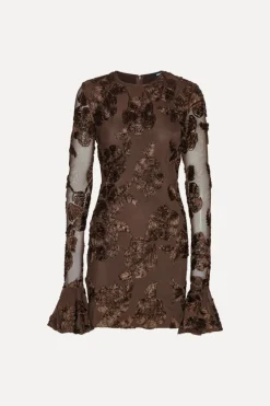Mini Dresses|Dresses-ROTATE Birger Christensen Flower Mesh Mini Dress Dark Brown CHICORY COFFEE color