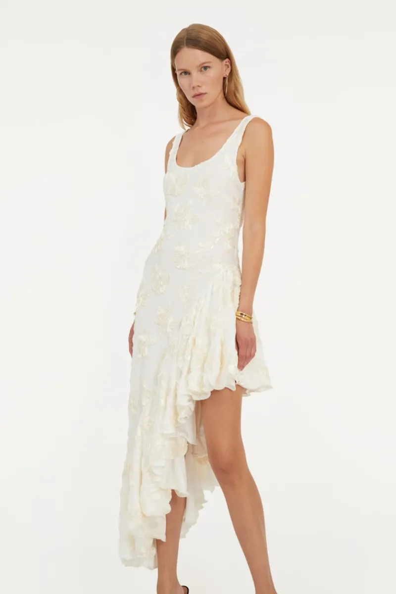Bridal|Midi Dresses-ROTATE Birger Christensen Flower Mesh Ruffle Dress White Egret color