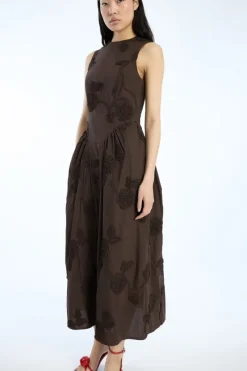Maxi Dress|Dresses-ROTATE Birger Christensen Flower Midi Dress Dark Brown Molé color