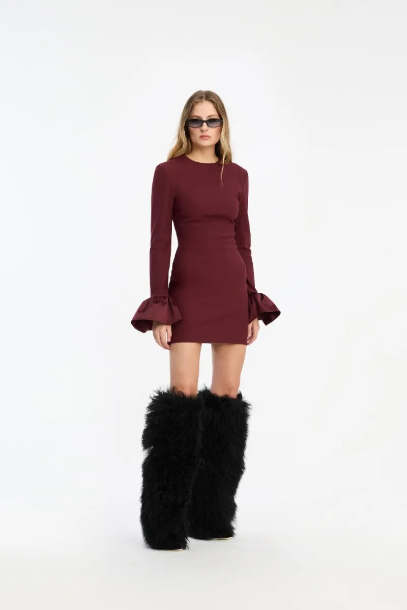 Mini Dresses|Dresses-ROTATE Birger Christensen Frill Sleeved Mini Dress Burgundy Zinfandelcolor