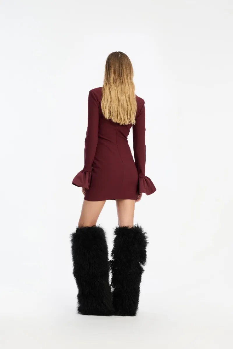 Mini Dresses|Dresses-ROTATE Birger Christensen Frill Sleeved Mini Dress Burgundy Zinfandelcolor