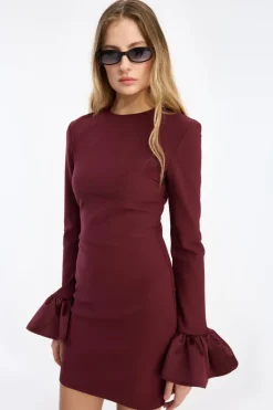 Mini Dresses|Dresses-ROTATE Birger Christensen Frill Sleeved Mini Dress Burgundy Zinfandelcolor