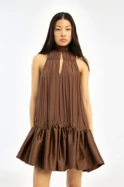 Mini Dresses|Dresses-ROTATE Birger Christensen Gathered Mini Dress Dark Brown Potting Soil color