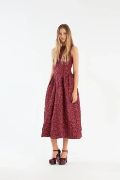 Midi Dresses|Dresses-ROTATE Birger Christensen Jacquard Midi Dress Burgundy Zinfandelcolor