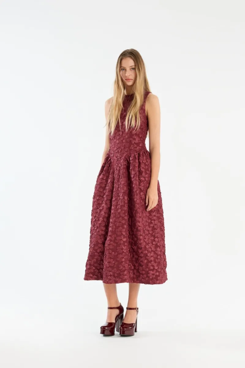 Midi Dresses|Dresses-ROTATE Birger Christensen Jacquard Midi Dress Burgundy Zinfandelcolor