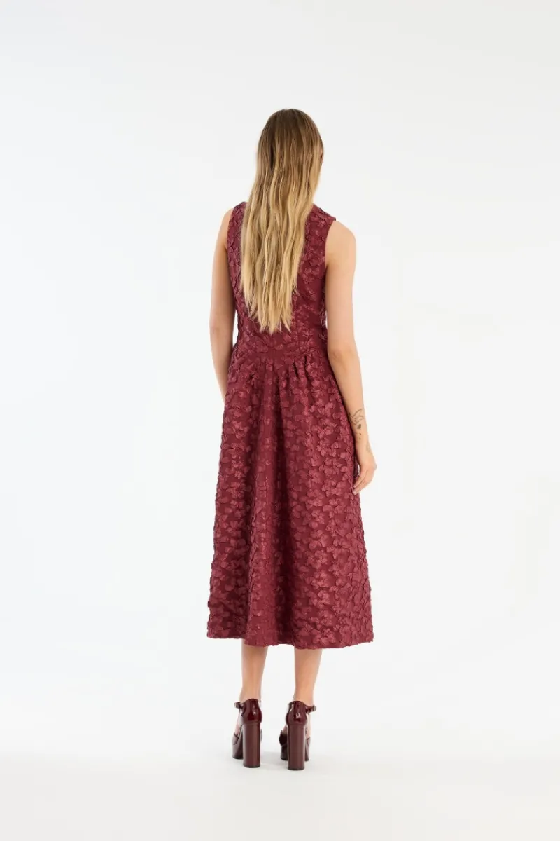 Midi Dresses|Dresses-ROTATE Birger Christensen Jacquard Midi Dress Burgundy Zinfandelcolor