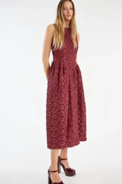 Midi Dresses|Dresses-ROTATE Birger Christensen Jacquard Midi Dress Burgundy Zinfandelcolor