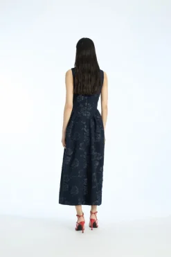 Midi Dresses|Dresses-ROTATE Birger Christensen Jacquard Midi Dress Dark Blue Sky Captain (Dark Blue) color
