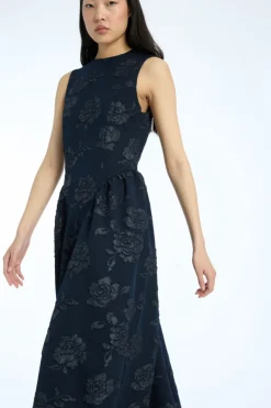 Midi Dresses|Dresses-ROTATE Birger Christensen Jacquard Midi Dress Dark Blue Sky Captain (Dark Blue) color