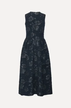 Midi Dresses|Dresses-ROTATE Birger Christensen Jacquard Midi Dress Dark Blue Sky Captain (Dark Blue) color