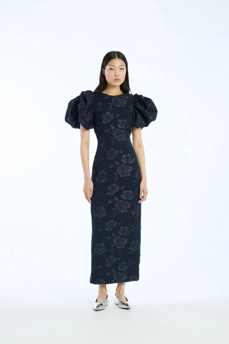 Midi Dresses|Dresses-ROTATE Birger Christensen Jacquard Midi Puff Dress Dark Blue Sky Captain (Dark Blue) color