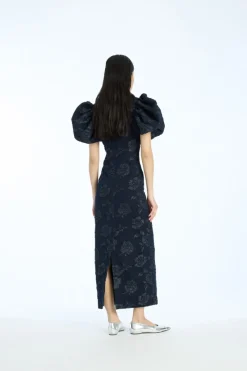 Midi Dresses|Dresses-ROTATE Birger Christensen Jacquard Midi Puff Dress Dark Blue Sky Captain (Dark Blue) color