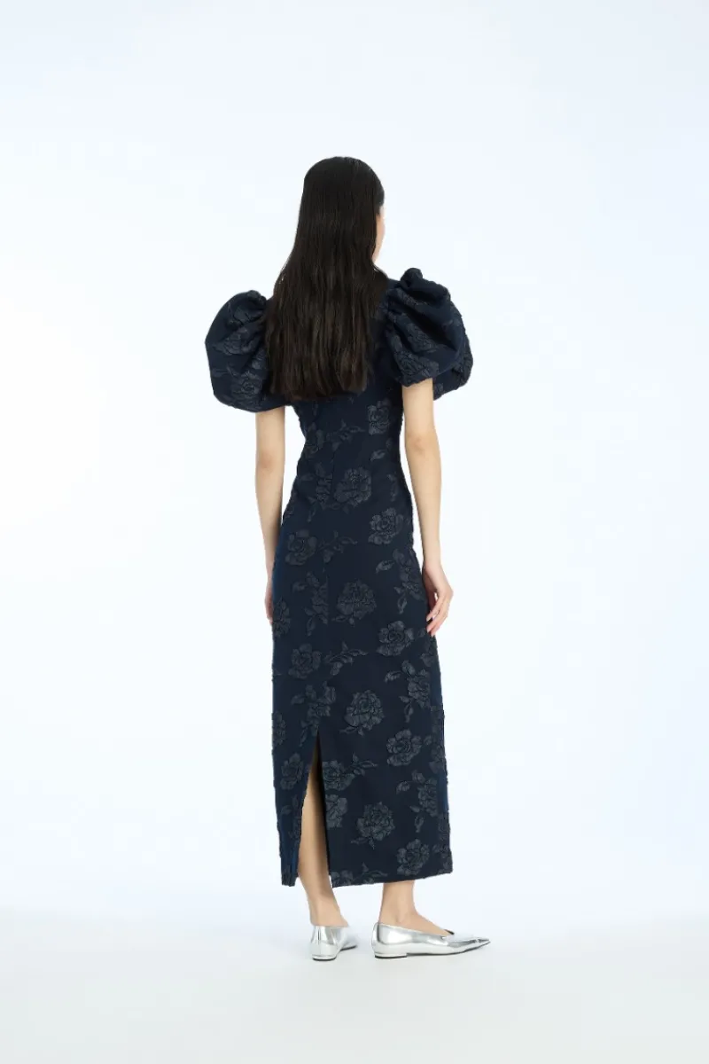 Midi Dresses|Dresses-ROTATE Birger Christensen Jacquard Midi Puff Dress Dark Blue Sky Captain (Dark Blue) color