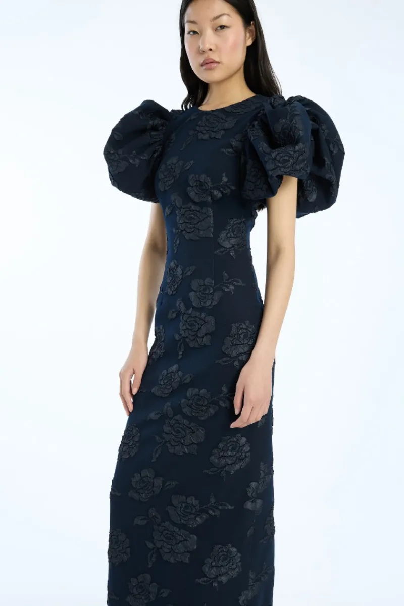 Midi Dresses|Dresses-ROTATE Birger Christensen Jacquard Midi Puff Dress Dark Blue Sky Captain (Dark Blue) color