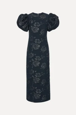 Midi Dresses|Dresses-ROTATE Birger Christensen Jacquard Midi Puff Dress Dark Blue Sky Captain (Dark Blue) color