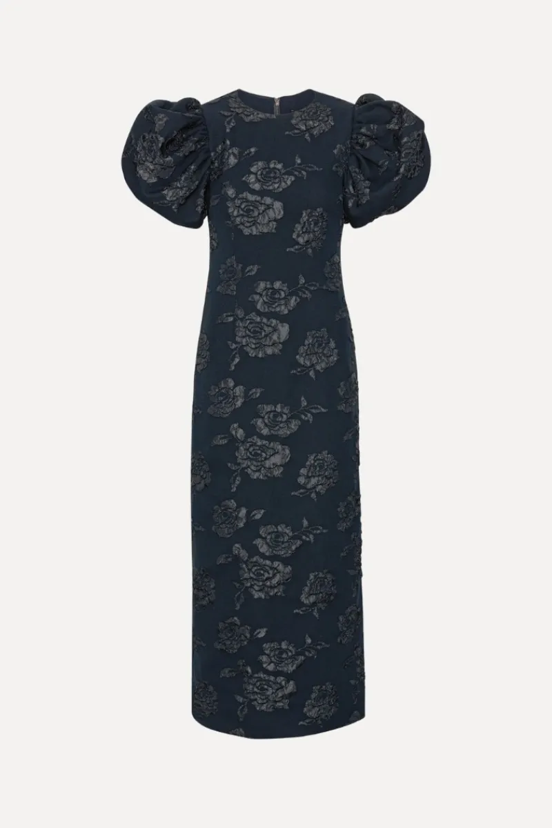 Midi Dresses|Dresses-ROTATE Birger Christensen Jacquard Midi Puff Dress Dark Blue Sky Captain (Dark Blue) color