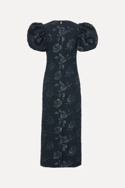 Midi Dresses|Dresses-ROTATE Birger Christensen Jacquard Midi Puff Dress Dark Blue Sky Captain (Dark Blue) color