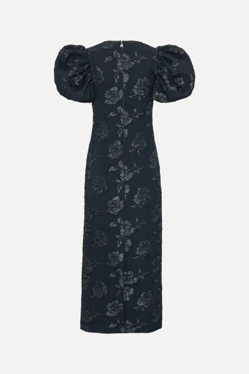 Midi Dresses|Dresses-ROTATE Birger Christensen Jacquard Midi Puff Dress Dark Blue Sky Captain (Dark Blue) color