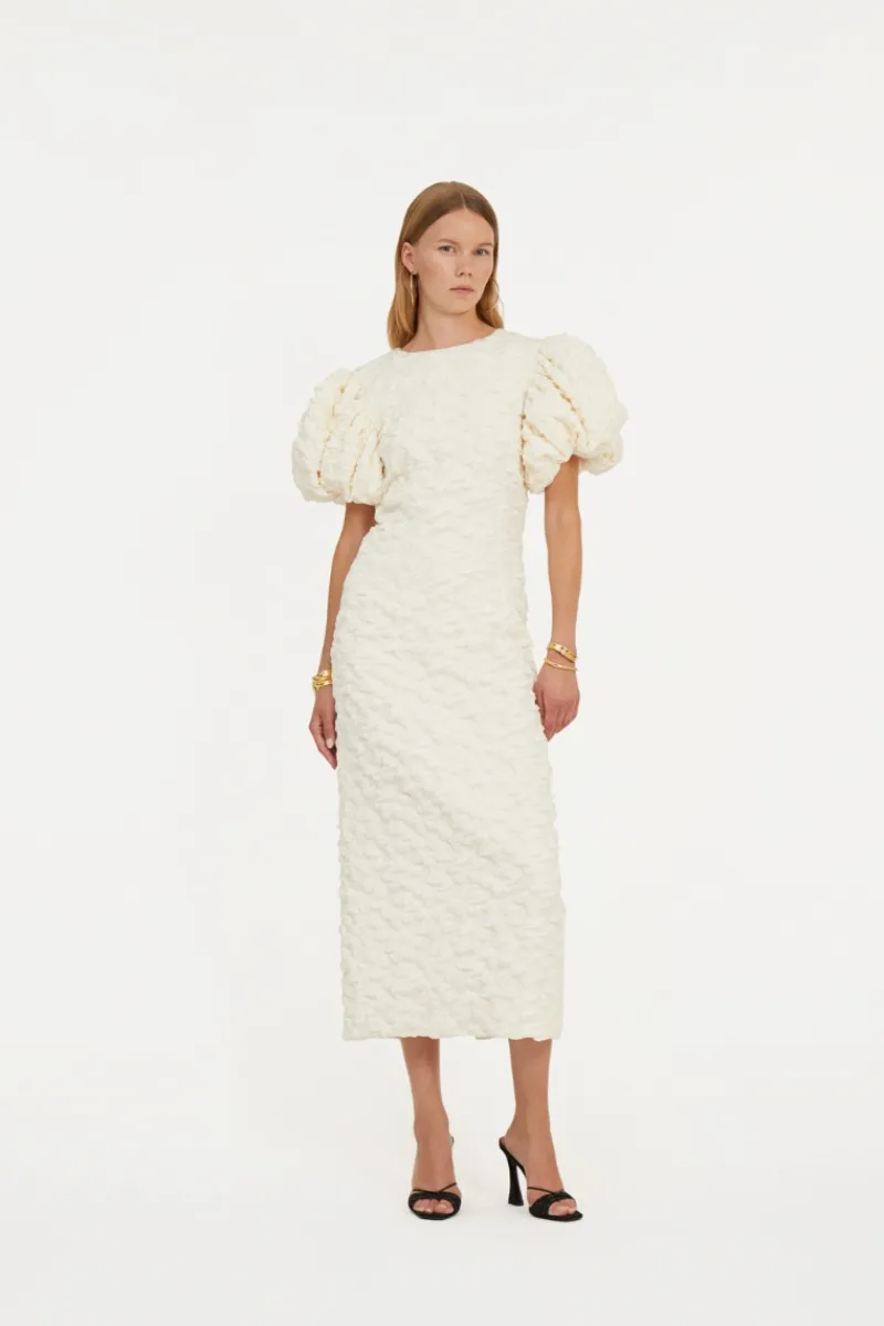 Bridal|Midi Dresses-ROTATE Birger Christensen Jacquard Midi Puffy Dress White Egret color