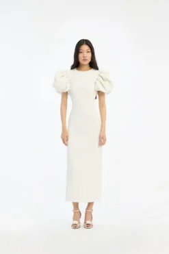 Bridal|Midi Dresses-ROTATE Birger Christensen Jacquard Midi Puffy Dress Egret White Egret color