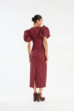 Midi Dresses|Dresses-ROTATE Birger Christensen Jacquard Midi Puffy Dress Burgundy Zinfandelcolor