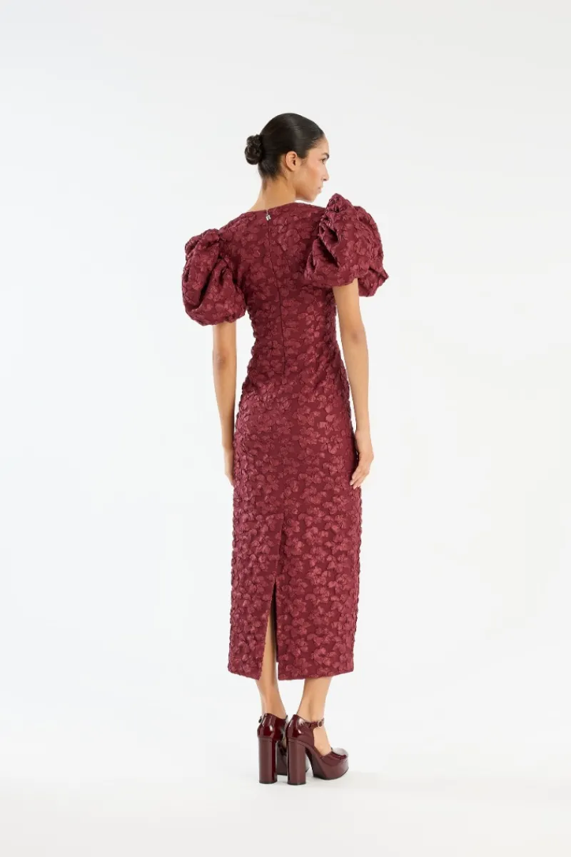Midi Dresses|Dresses-ROTATE Birger Christensen Jacquard Midi Puffy Dress Burgundy Zinfandelcolor