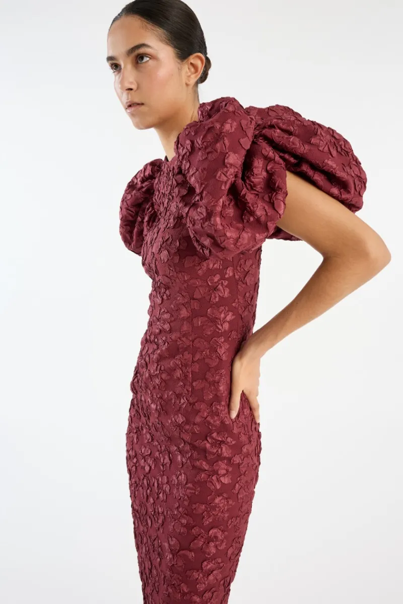 Midi Dresses|Dresses-ROTATE Birger Christensen Jacquard Midi Puffy Dress Burgundy Zinfandelcolor