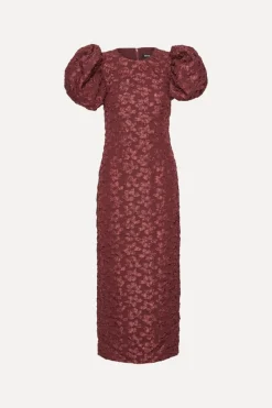 Midi Dresses|Dresses-ROTATE Birger Christensen Jacquard Midi Puffy Dress Burgundy Zinfandelcolor