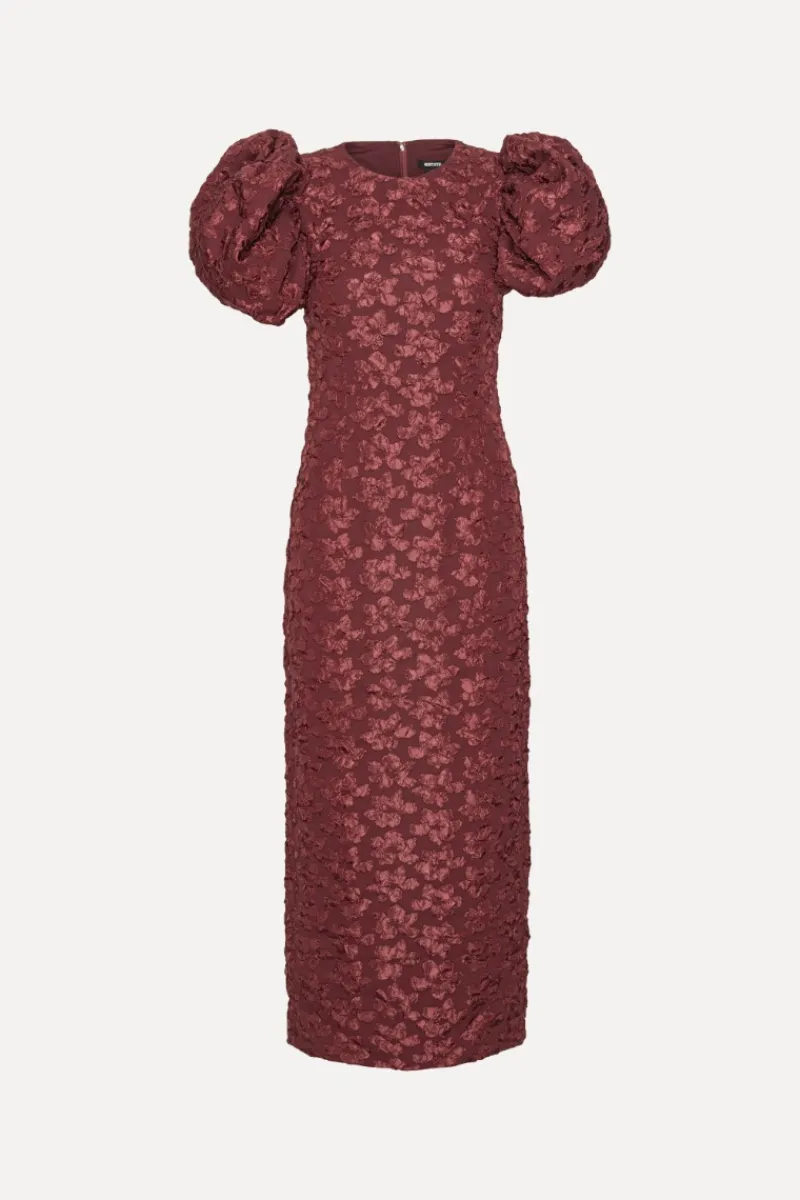 Midi Dresses|Dresses-ROTATE Birger Christensen Jacquard Midi Puffy Dress Burgundy Zinfandelcolor