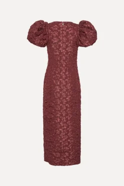 Midi Dresses|Dresses-ROTATE Birger Christensen Jacquard Midi Puffy Dress Burgundy Zinfandelcolor