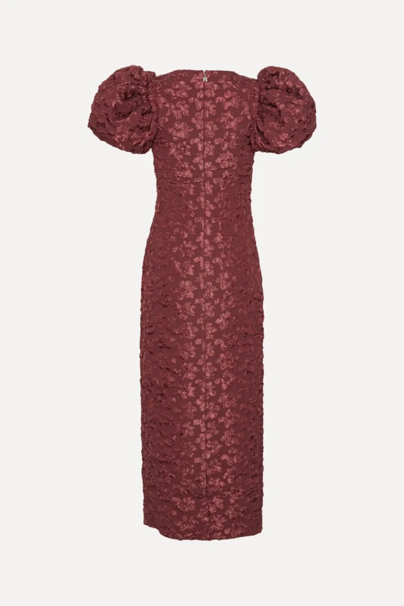 Midi Dresses|Dresses-ROTATE Birger Christensen Jacquard Midi Puffy Dress Burgundy Zinfandelcolor