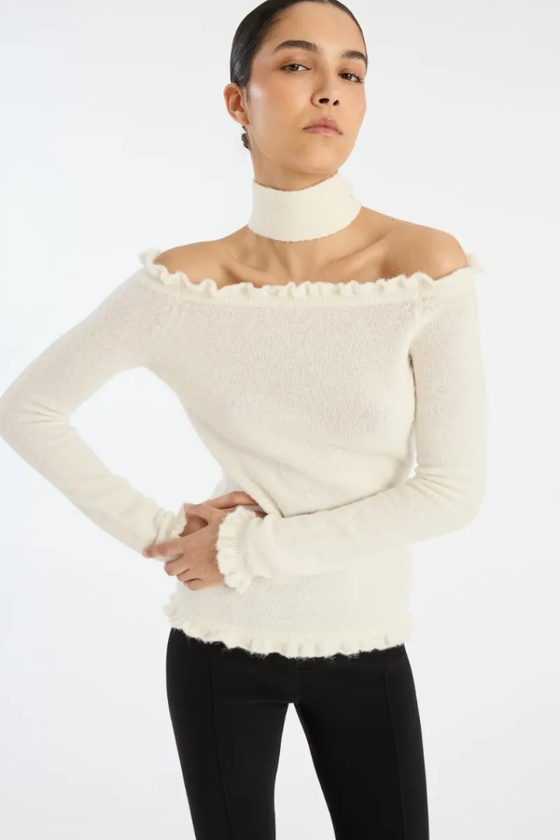 Knitwear|Tops-ROTATE Birger Christensen Knit Off-shoulder Top White Egret color