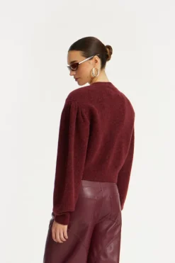 Knitwear|Tops-ROTATE Birger Christensen Knit Puffsleeve Cardigan Bordeaux Zinfandelcolor