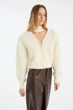 Knitwear|Tops-ROTATE Birger Christensen Knit Scarf Cardigan White Egret color