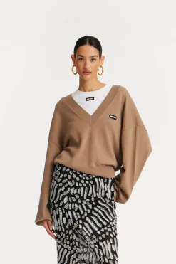 Knitwear|Tops-ROTATE Birger Christensen Knit V-neck Sweater Brown Portabella color