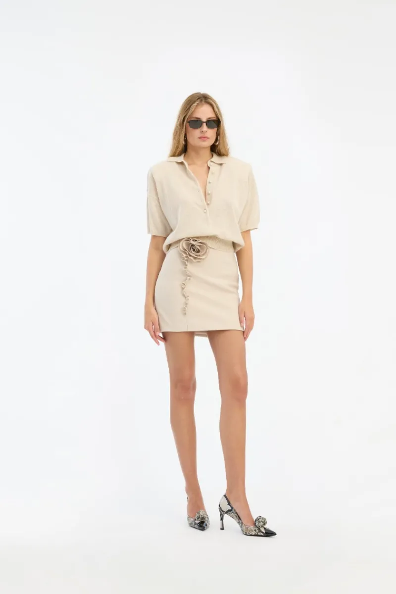 Knitwear|Tops-ROTATE Birger Christensen Knitted Polo Cream Oxford Tan color