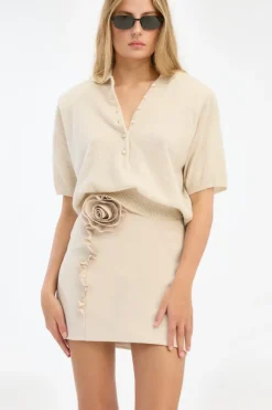 Knitwear|Tops-ROTATE Birger Christensen Knitted Polo Cream Oxford Tan color