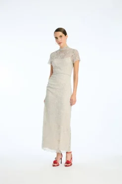 Midi Dresses|Dresses-ROTATE Birger Christensen Lace Long Midi Dress Light Grey Alloy (Light Gray) color