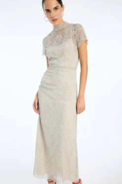 Midi Dresses|Dresses-ROTATE Birger Christensen Lace Long Midi Dress Light Grey Alloy (Light Gray) color