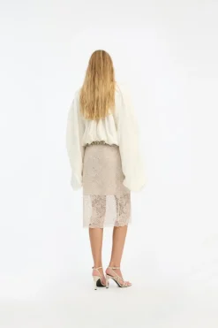 Skirts-ROTATE Birger Christensen Lace Midi Pencil Skirt Cream Pumice Stone color