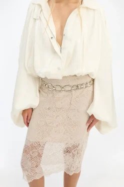 Skirts-ROTATE Birger Christensen Lace Midi Pencil Skirt Cream Pumice Stone color