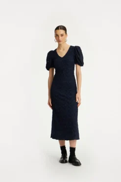 Midi Dresses|Dresses-ROTATE Birger Christensen Lace Puff Sleeve Dress Dark Blue Navy Blazer color