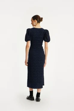 Midi Dresses|Dresses-ROTATE Birger Christensen Lace Puff Sleeve Dress Dark Blue Navy Blazer color