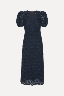 Midi Dresses|Dresses-ROTATE Birger Christensen Lace Puff Sleeve Dress Dark Blue Navy Blazer color