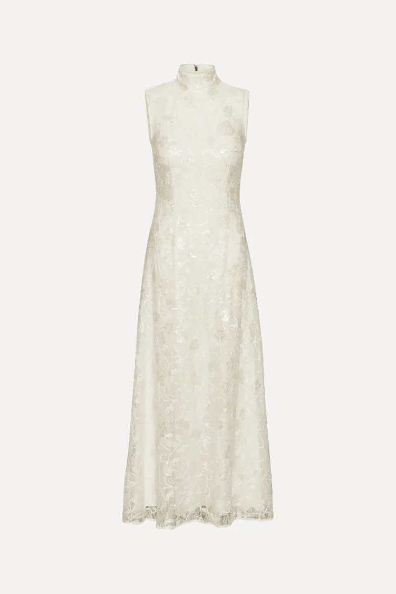 Bridal|Sequins-ROTATE Birger Christensen Lace Sequin Maxi Dress Creme White Egret color