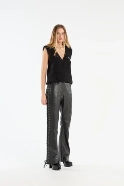 Pants-ROTATE Birger Christensen Laced Leather Pants Black Black color