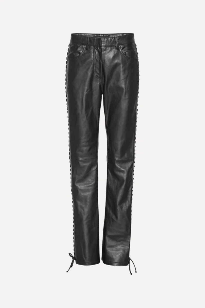 Pants-ROTATE Birger Christensen Laced Leather Pants Black Black color