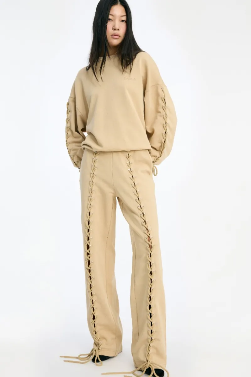 Pants-ROTATE Birger Christensen Lacing Sweatpants Beige Cornstalk color