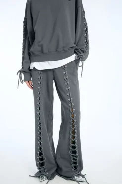 Pants-ROTATE Birger Christensen Lacing Sweatpants Dark Grey Gray Pinstripe color