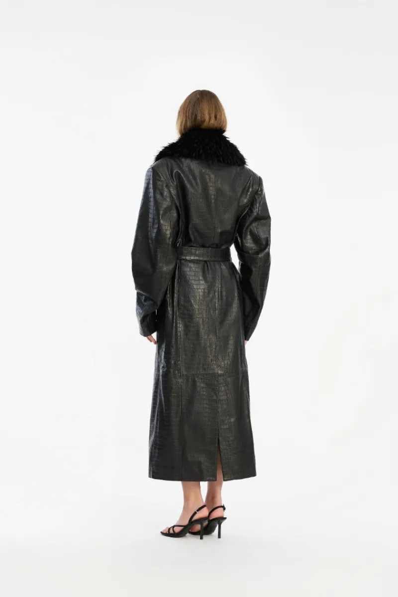 Outerwear-ROTATE Birger Christensen Leather Coat Faux Fur Collar Black Black color